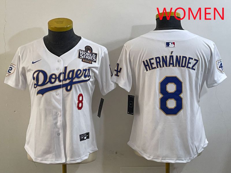 Women Los Angeles Dodgers 8 Hernandez White Gold Game 2025 Nike MLB Jersey style 1